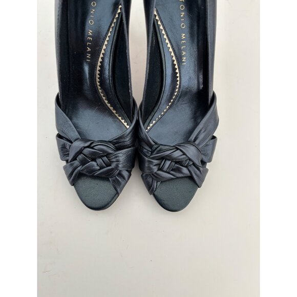 Antonio Melani Heels 6 Leather Peep Toe Knot Front Preppy Quiet Luxury Old Money - Picture 3 of 14